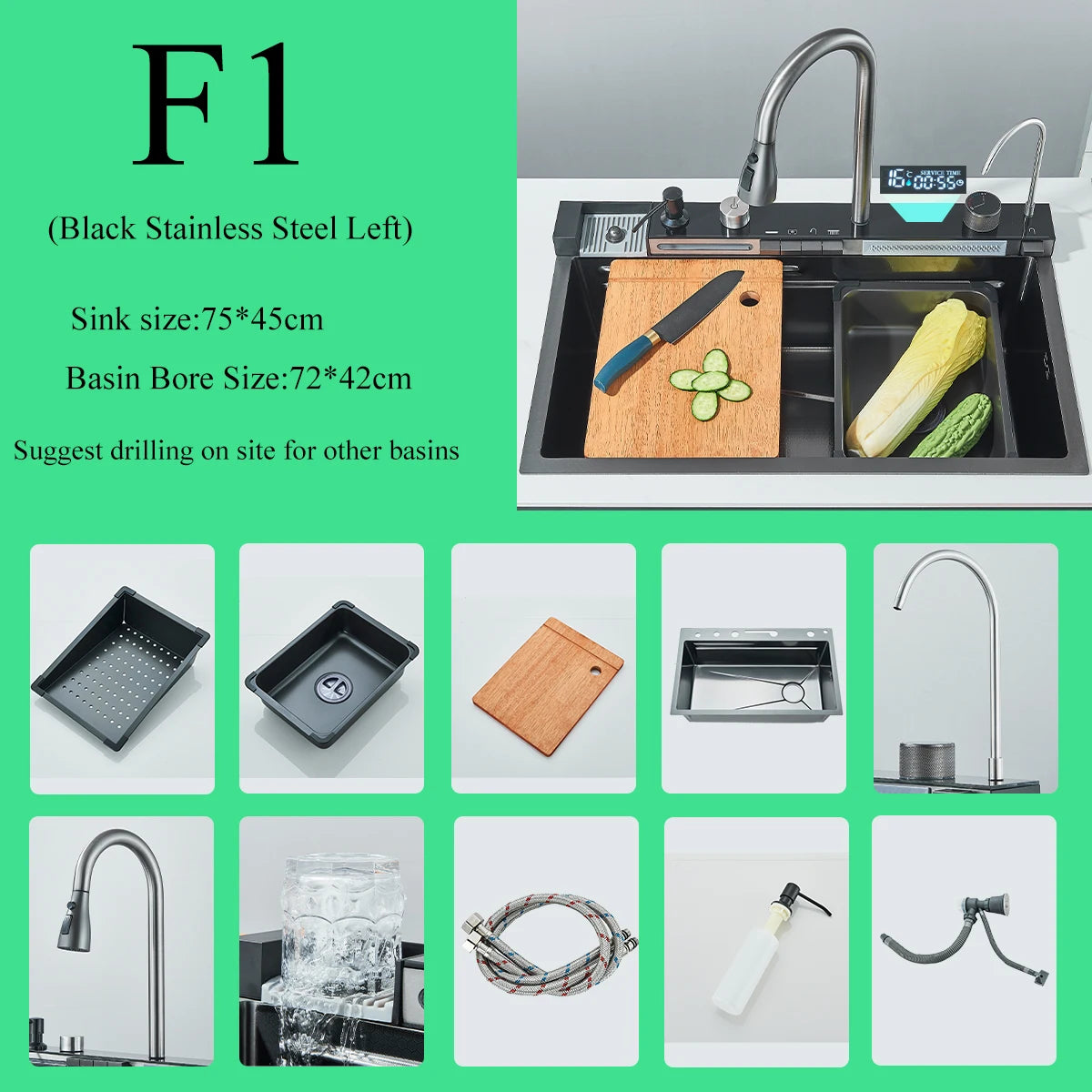 CooksyHack AquaSense – Fregadero Cascada con Pantalla Digital y Grifo 3 en 1 Purificador