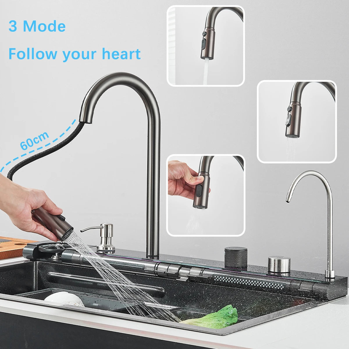 CooksyHack AquaSense – Fregadero Cascada con Pantalla Digital y Grifo 3 en 1 Purificador