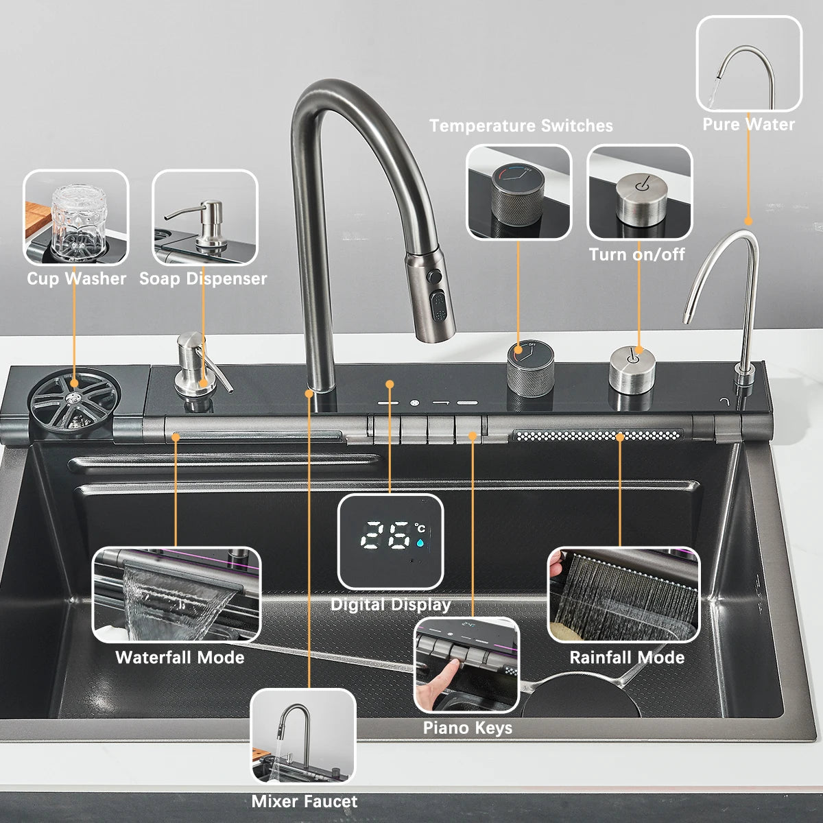 CooksyHack AquaSense – Fregadero Cascada con Pantalla Digital y Grifo 3 en 1 Purificador